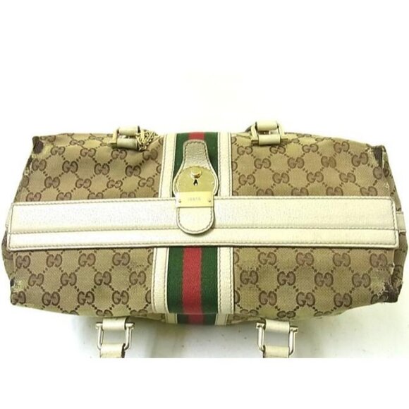 Gucci Vintage Jolicoeur Satchel Brown Large G Print Canvas w White Leather - Picture 9 of 10